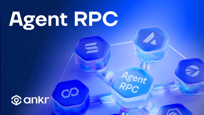 The image is a promotional graphic featuring the text "Agent RPC" prominently at the top, with the Ankr logo displayed in the bottom-left corner. The visual showcases a network of glowing blue hexagonal nodes connected to a central "Agent RPC" hub, symbolizing a unified blockchain data layer that decodes chain information before reaching AI agents. This directly supports the post's message about reducing token burn by pre-parsing hex data, letting agents focus on reasoning rather than data conversion.