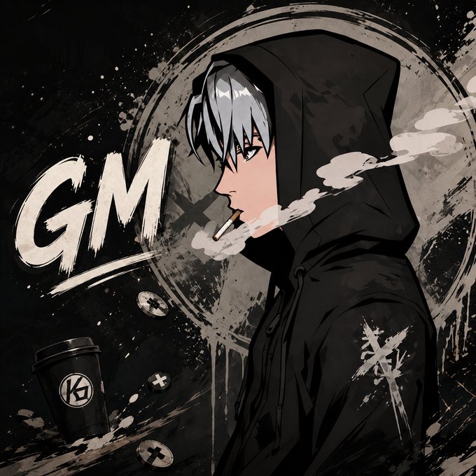 A stylized anime illustration of a hooded figure with silver hair smoking, set against a dark background with 'GM' text, paint splatters, and a coffee cup bearing a 'KD' logo.