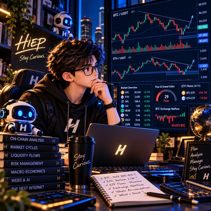 A digital illustration depicts a young man analyzing cryptocurrency charts, with visible tickers BTC/USDT and ETH/USDT, alongside books on on-chain analysis, market cycles, and a notebook with market predictions.