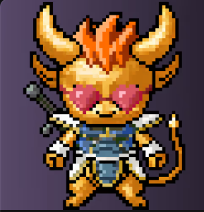 A pixel art character of an orange horned demon with flaming hair, pink eyes, holding a sword and wearing armor, set against a dark purple background.