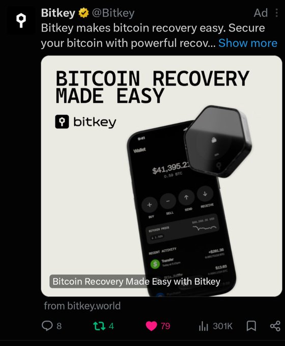 A Twitter/X advertisement post from 'Bitkey @Bitkey' claiming to make 'BITCOIN RECOVERY MADE EASY', showing an image of a smartphone displaying a Bitcoin wallet app alongside a black hardware wallet device.