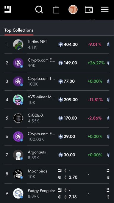 A mobile app screen displaying a 'Top Collections' list of NFTs, showing names like 'Turtles NFT', 'Crypto.com', 'Moonbirds', and 'Pudgy Penguins' with their respective prices and percentage changes.