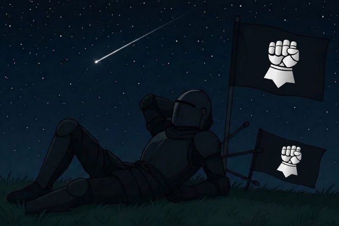 An illustration shows a fallen knight in armor lying on grass at night, watching a shooting star beside two flags bearing a fist emblem.