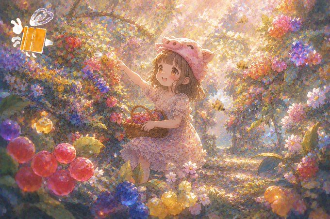 A young girl in a pink pig-themed hat gathers berries in a sunlit, flower-filled garden with a basket, surrounded by bees and lush foliage, symbolizing the gradual accumulation of value through consistent effort—mirroring the post's reflection on long-term participation and staking in the River ecosystem rather than chasing short-term rewards.
