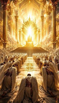 A digital artwork depicting a heavenly golden throne room filled with robed figures bowing in reverence toward a radiant throne.