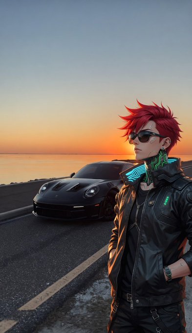 An anime-style character with spiky red hair, sunglasses, and a futuristic black jacket stands beside a black sports car against a sunset backdrop.
