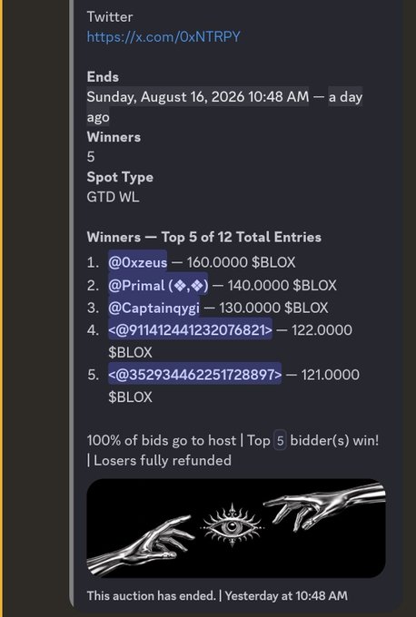 An ended auction listing on Twitter by @0xNTRPY showing the top 5 winners and their prize amounts in $BLOX tokens, with @0xzeus winning 160.0000 $BLOX.
