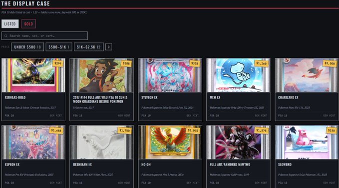 A screenshot of a digital trading card marketplace called "THE DISPLAY CASE" showing listed Pokémon cards with prices, including Xerneas-HOLO ($299), 2017 P144 Full Art Hau PSA 10 Sun & Moon Guardians Rising Pokémon ($108), Styuven EX ($330), and Mew EX ($1,260), suggesting a tie-in to the $POKESTR Pokémon-themed strategy token.