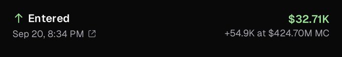 A screenshot shows a trade alert reading "Entered $32.71K" on Sep 20, 8:34 PM, with "+54.9K at $424.70M MC," capturing the entry point of the $PONS trade mentioned in the post.