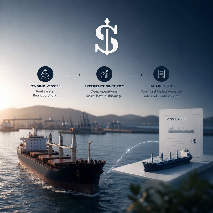 The image showcases a cargo ship at sea alongside a digital "VESSEL ASSET" token card, with text highlighting "OWNING VESSELS — Real assets. Real operations," "EXPERIENCE SINCE 2021 — Deep operational know-how in shipping," and "REAL EXPERIENCE — Turning shipping expertise into real-world impact," visually reinforcing EthraShip's narrative of tokenizing real, actively-operated Handysize dry bulk vessels rather than abstract shipping concepts.