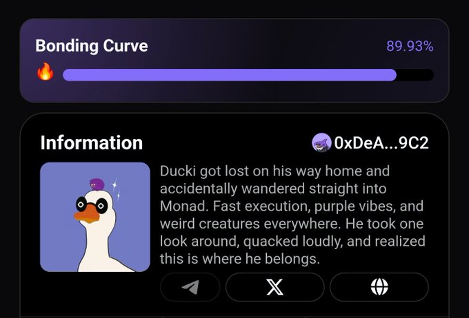 A crypto NFT profile screen showing "Bonding Curve 89.93%" with an Information section featuring a duck mascot and the description: "Ducki got lost on his way home and accidentally wandered straight into Monad. Fast execution, purple vibes, and weird creatures everywhere. He took one look around, quacked loudly, and realized this is where he belongs." Address: 0xDeA...9C2