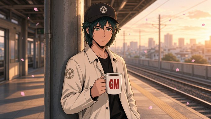 An anime-style illustration of a young man with teal hair wearing a cap and holding a mug labeled 'GM', standing on a train platform at sunset with city skyline in the background.