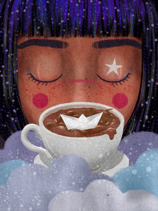 An illustration depicts a child with closed eyes, rosy cheeks, and a star drawn on their forehead, drinking from a cup of hot chocolate with a paper boat floating on top.