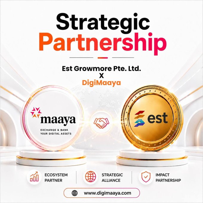 A promotional graphic announcing a strategic partnership between DigiMaaya and Est Growmore Pte. Ltd., featuring the "maaya" logo (with the tagline "Exchange & Bank Your Digital Assets") and the "est" logo on gold and white pedestals, connected by a handshake icon. The image includes tags for "Ecosystem Partner," "Strategic Alliance," and "Impact Partnership," along with the website www.digimaaya.com, visually reinforcing the post's announcement of their collaborative effort to drive ecosystem growth and impact in new-age finance.