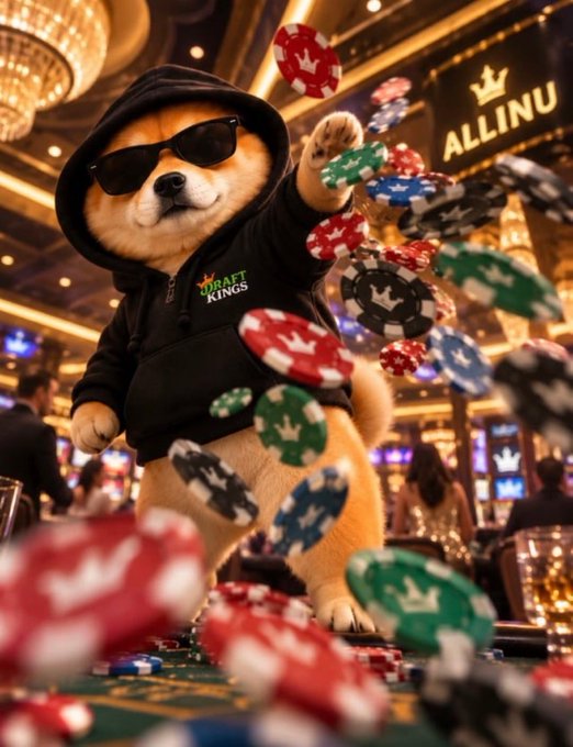 A Shiba Inu mascot wearing sunglasses and a "DraftKings" hoodie triumphantly throws poker chips on a casino table, with an "ALLINU" sign glowing in the background — perfectly matching the post's playful "time to go $allinu and retire" vibe.