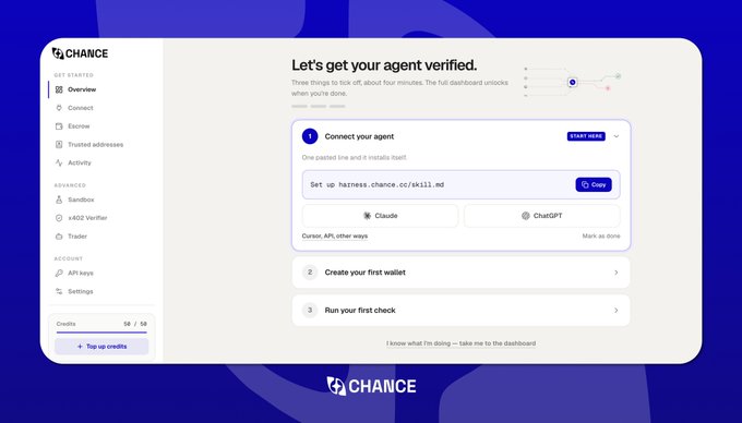A dashboard interface titled 'Let's get your agent verified' for a platform called 'CHANCE', showing steps to connect an agent and create a wallet.