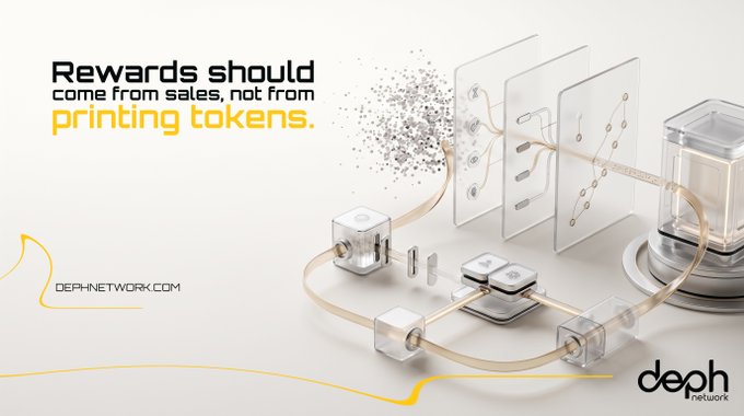 A promotional graphic for deph.network featuring the text 'Rewards should come from sales, not from printing tokens.' alongside illustrations of hardware devices connected by lines.