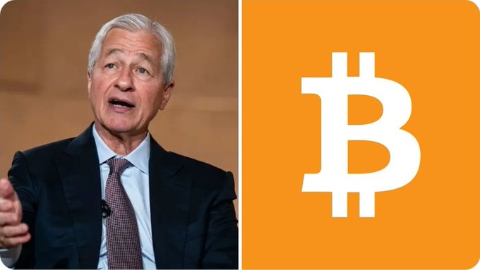 The image shows Jamie Dimon, CEO of JPMorgan, alongside the Bitcoin logo. It relates to the news that JPMorgan warns that traditional finance developing private blockchains poses the biggest long-term threat to Bitcoin's future.