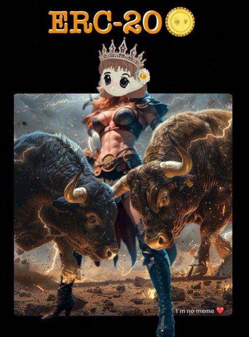 A meme-style image featuring a crowned female character with two large bulls in front of her, labeled 'ERC-20' at the top and 'I'm no meme ❤️' at the bottom.