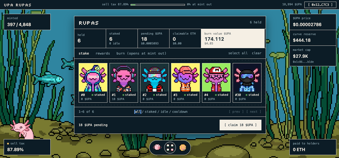 Pixel-art crypto/NFT dashboard titled "UPA RUPAS" showing six staked pixel-art characters (numbered #0-#30) with stats including "held: 6", "staked: 6", and "time since SUPA: 174.112"; market data shows "SUPA price $0.00002766" and "curve reserve $444.18".