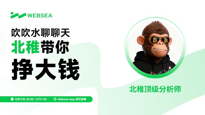 A WEBSEA promotional graphic featuring a chimpanzee wearing Bitcoin sunglasses, with Chinese text '北稚带你挣大钱' (Bei Zhi takes you to make big money) and '北稚顶级分析师' (Bei Zhi Top Analyst).