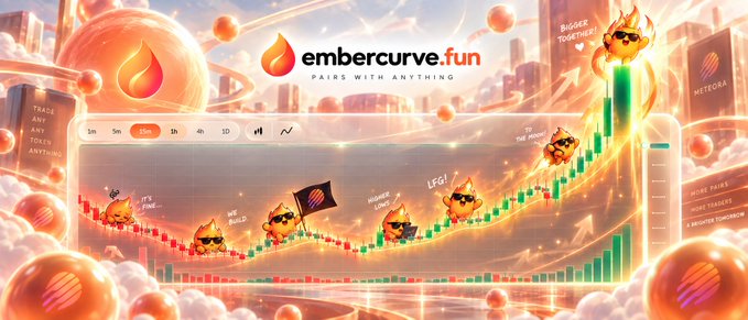 A vibrant promotional banner for embercurve.fun features anthropomorphic flame characters celebrating along a candlestick trading chart with the tagline "PAIRS WITH ANYTHING," visually tying into the post's theme of "$EMBER mode" by showcasing the token's energetic, bullish market presence.