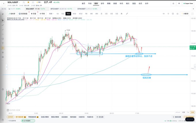 A technical chart of SOL/USDT showing the price at $117.49 with annotated support levels, including a short-term support zone at $114.8-$113.5 and a deeper support around $111, marked with Chinese text indicating "short-term support quickly buy, trend unchanged" and "short-line support." The candlestick chart displays multiple moving averages and horizontal support lines where traders could consider buying dips, aligning with the analysis suggesting gentle pullback entry points.