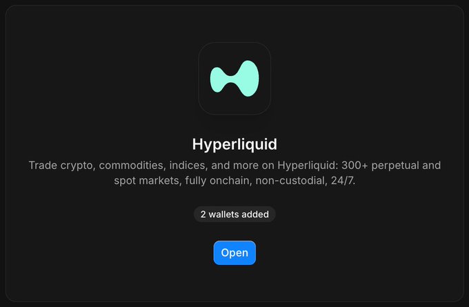 A dark interface for Hyperliquid showing a teal logo, with text describing it as a platform to trade crypto, commodities, indices with 300+ perpetual and spot markets, indicating 2 wallets added and an Open button.