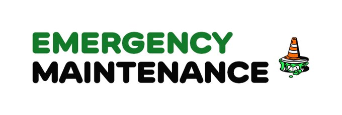 A graphic with bold text "EMERGENCY MAINTENANCE" in green and black, accompanied by an illustration of an orange traffic cone with green slime on a white background.