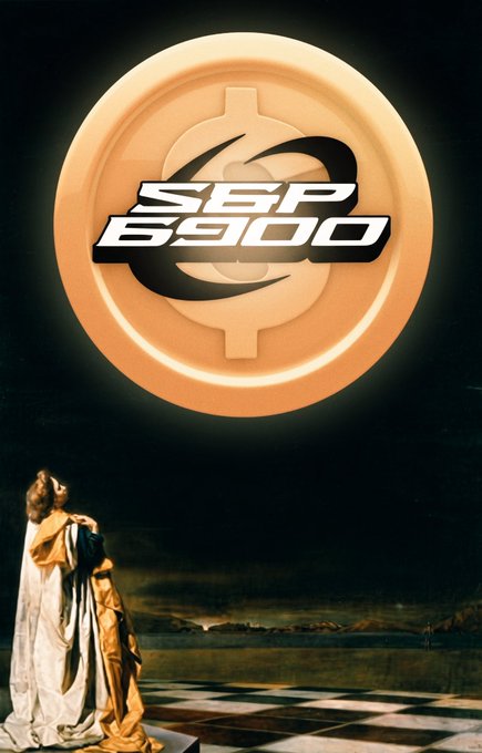 A robed figure gazes upward at a glowing golden $SPX6900 coin that dominates the dark sky, evoking religious devotion toward the cryptocurrency. The scene reinforces the post's reverent tone toward #SPX6900, portraying it as an almost sacred financial movement destined for "trillions."