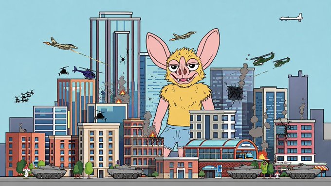 A giant creature with large bat-like ears and yellow fur towers over a city skyline, dwarfing the skyscrapers as tanks, helicopters, and fighter jets swarm around it amid explosions and smoke. The cartoonish monster apocalypse scene visually captures the "dream bigger" sentiment, portraying an absurdly oversized "hoodrat" wreaking havoc on a metropolis like a giant kaiju.