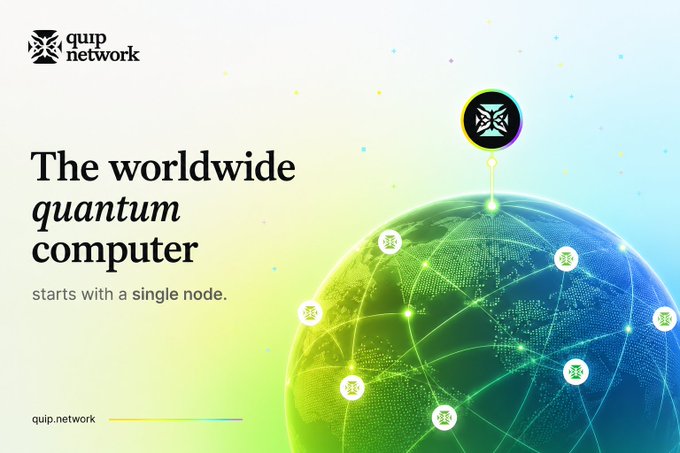 A 'quip network' advertisement reading 'The worldwide quantum computer starts with a single node', showing a stylized globe with connected nodes.
