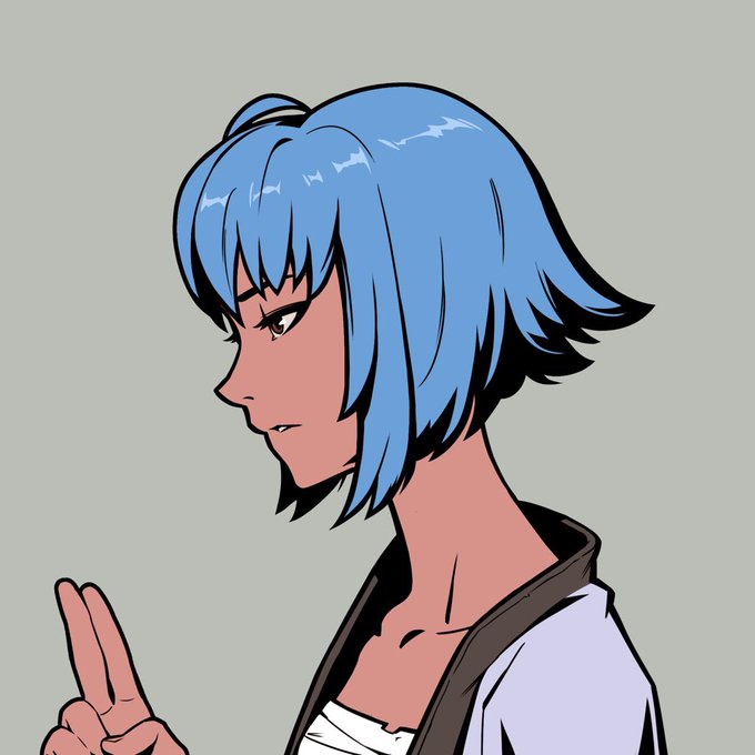 An anime-style illustration shows a character with short blue hair and tanned skin in profile view, making a peace sign with two fingers raised. The sharp, side-glancing expression and confident pose visually echo the post's emphasis that this is a premium, non-floor-tier Azuki NFT worth serious consideration.