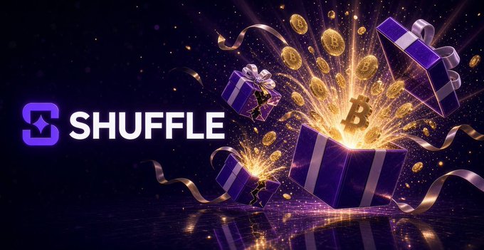 A promotional graphic for 'SHUFFLE' featuring purple gift boxes, gold Bitcoin coins, and a Bitcoin logo bursting out of one box on a dark background.