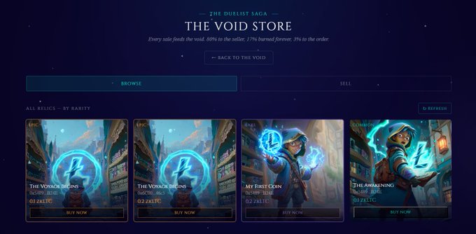 The image displays "THE VOID STORE" from "THE DUELLIST SAGA," featuring a marketplace interface with four NFT cards titled "THE VOYAGE BEGINS," "THE VOYAGE BEGINS," "MY FIRST COIN," and "THE AWAKENING," each priced at 0.2 zkLTC. The layout, with its "BROWSE" and "SELL" tabs, visually represents the NFT trading and burning concept described in the post, where users can buy or sell relics while permanently burning zkLTC tokens.