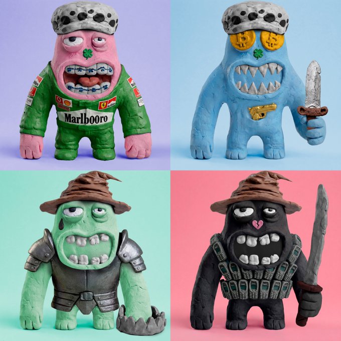 Four clay monster figurines displayed in a grid: a pink figure in a Marlboro racing suit, a blue figure holding a knife, a green figure in armor with a sorting hat, and a black warrior figure holding a sword.