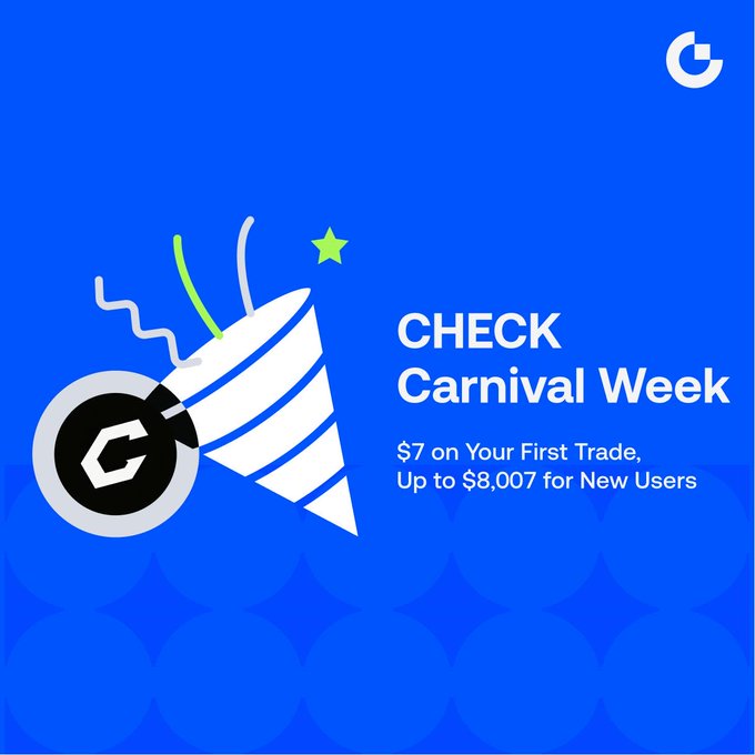 The image shows a promotional poster for a party with a blue background and black text elements. The title "Check Carnival Week" is prominently displayed at the top of the image, while "Max $8,007 per User New users get $7 on first trade." Also, there's an arrow pointing down to a website link that reads "gate.onelink.me/7pdk/b4b49a848". This indicates that attendees can maximize their rewards by purchasing party tickets from Gate.