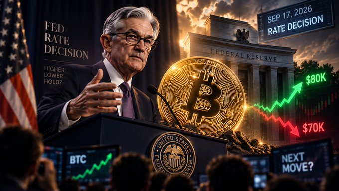 A news-style graphic showing Jerome Powell at a podium with the Federal Reserve building behind him, alongside Bitcoin, and text reading 'SEP 17, 2026 RATE DECISION', 'HIGHER LOWER HOLD?', '$80K', and '$70K'.