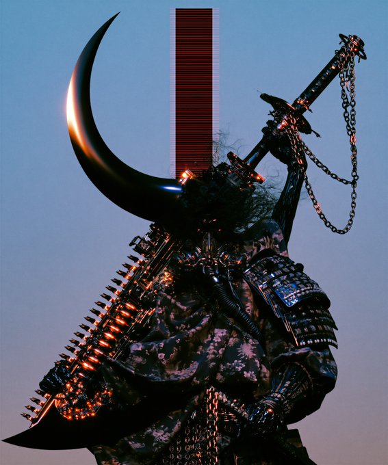 A dark, cyberpunk-style image of a samurai warrior in ornate black armor with glowing red accents, holding a chained weapon, with a red rectangular glitch element in the background.