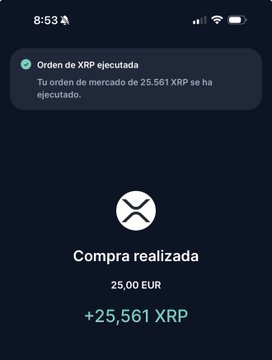 Mobile phone screenshot in Spanish confirming an executed XRP buy order of 25,561 XRP for 25.00 EUR on what appears to be the Ripple/XRP platform.