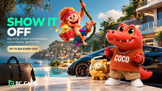 A promotional banner for BC.GAME displays "SHOW IT OFF" alongside cartoon characters, a sports car, and a luxury bag by a pool.