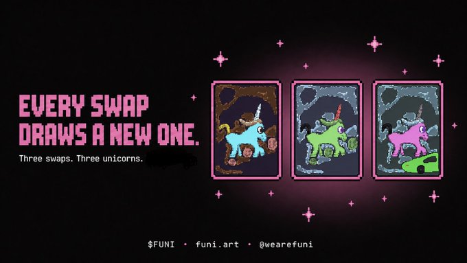 A promotional graphic with pixel art unicorn cards on a black background reading 'EVERY SWAP DRAWS A NEW ONE. Three swaps. Three unicorns.' with text '$FUNI • funi.art • @wearefuni'.