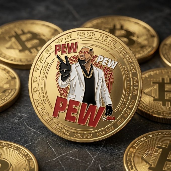 A gold commemorative coin featuring a stylized illustration of a man in a white suit and sunglasses making a hand gesture, surrounded by the word 'PEW' repeated around the rim, placed on a dark surface with other coins.