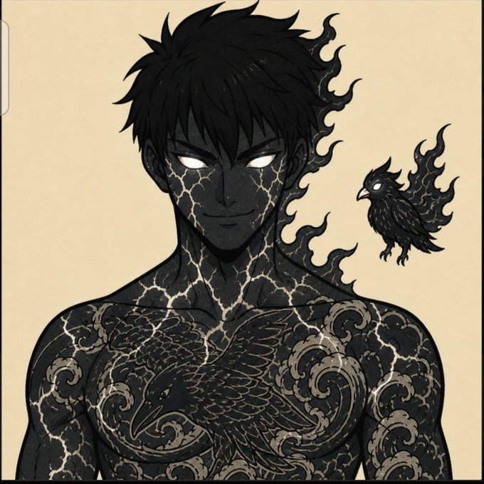 An anime-style illustration depicts a man with glowing white eyes, his skin covered in cracked patterns and a large bird tattoo, with flames and a small black bird beside his head.