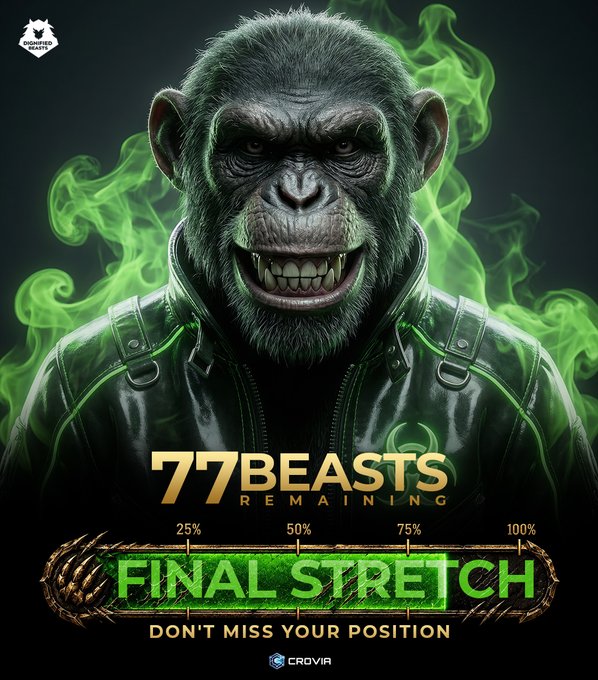 A promotional poster featuring a grinning chimpanzee in a leather jacket with green smoke, reading '77 BEASTS REMAINING' and 'FINAL STRETCH - DON'T MISS YOUR POSITION'.