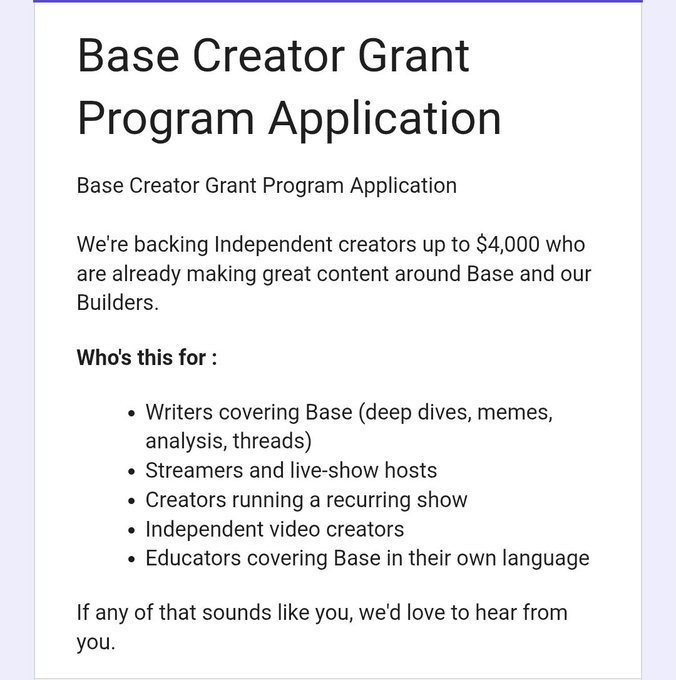 An application announcement for the 'Base Creator Grant Program,' offering up to $4,000 for independent creators covering Base, including writers, streamers, video creators, and educators.