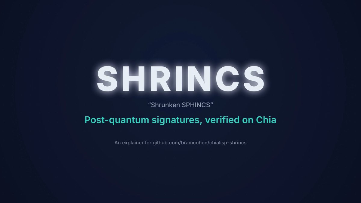 A dark title card displays the word 'SHRINCS' in large white text, with the subtitle 'Shrunken SPHINCS' and the description 'Post-quantum signatures, verified on Chia' beneath it.