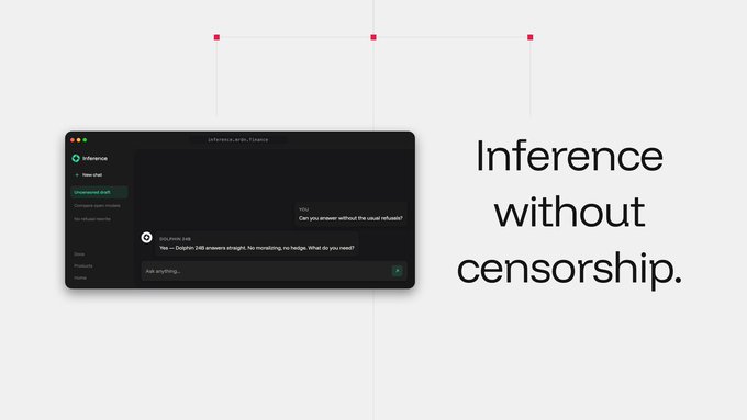 A promotional image for an AI chatbot interface featuring a conversation, accompanied by the text "Inference without censorship."