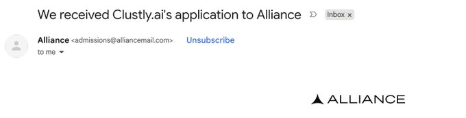 The image features a banner with text that reads, "We received Clusters' application to Alliance" followed by an email address for the company's representatives. It seems like the email was sent after someone won the first place in a hackathon hosted by the @SuperteamSG team at the H&SK Chain Frontier AI Track and is now offering Aptos grant support strongly believe the agentic economy will need Crypto/ Blockchain. Focus on what is in the image and how it relates to the post.
