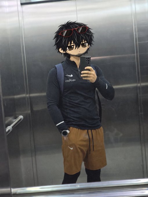 A mirror selfie shows a person wearing a black Nike 'TITONJIN' long-sleeve athletic top, brown Nike shorts, red sunglasses on their head, and a backpack.